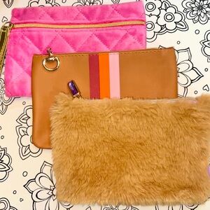 Ipsy Glam bags Pink Velvet and Tan Sherpa & Striped with Snaffle zipper